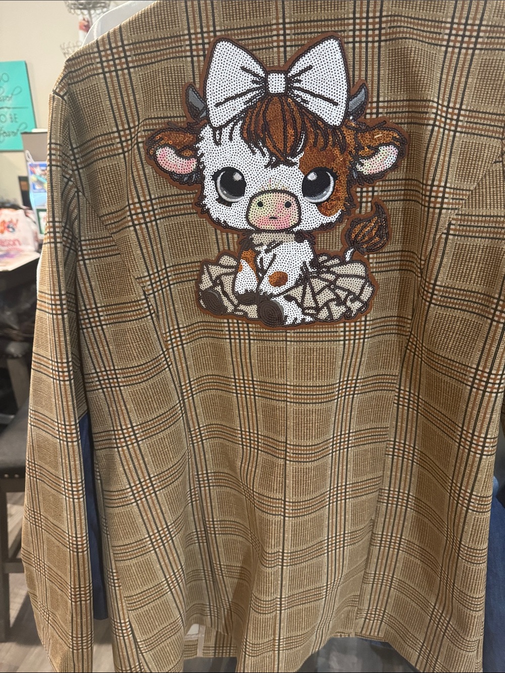 Cute Cow Patch Plaid Jacket - Brown & White